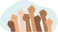 Protesters hands. Multiracial fists hands up vector illustration. Concept of unity, revolution, fight, cooperation